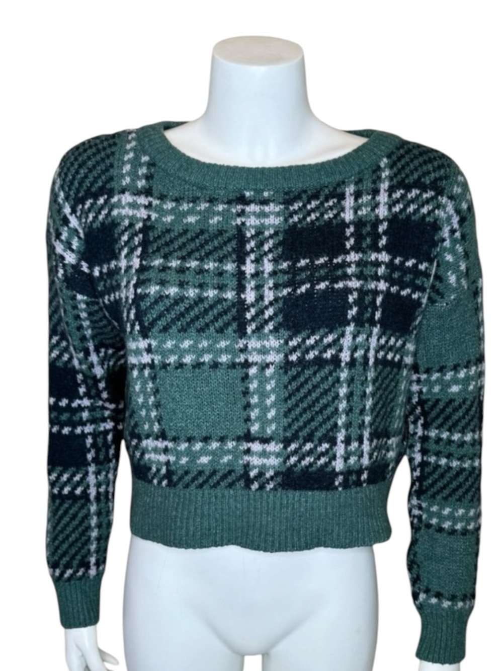 Abercrombie Plaid Pullover Sweater M Cropped Wool Blend Green